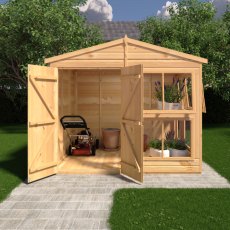 8 x 6 Shire Shiplap Apex Sun Hut Potting Shed - in situ, front view, doors open