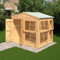8 x 6 Shire Shiplap Apex Sun Hut Potting Shed - in situ, angle view, doors open