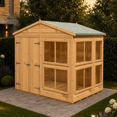 8 x 6 Shire Shiplap Apex Sun Hut Potting Shed - in situ, angle view