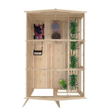 Interior view of 8x12 Shire Sun Hut Potting Shed with shelving, garden tools and plants