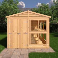 Front view of 8x12 Shire Sun Hut Potting Shed with timber double doors and glazed windows