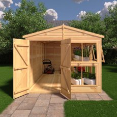 8x12 Shire Sun Hut Potting Shed with double doors open showing spacious timber interior