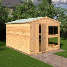 Side view of 8x12 Shire Sun Hut Potting Shed with timber door and glazed windows