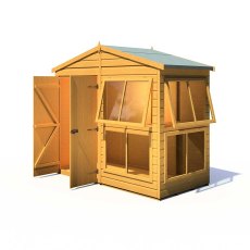 8x4 Shire Sun Hut Shiplap Apex Potting Shed - doors and windows open and door on left