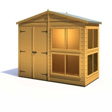 8x4 Shire Sun Hut Shiplap Apex Potting Shed - front view with doors closed and door on the left