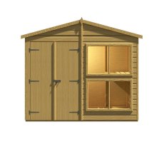 8x4 Shire Sun Hut Shiplap Apex Potting Shed - front view with doors closed and door on the left