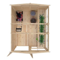 Interior view of 8x10 Shire Sun Hut Potting Shed with shelving, garden tools and plants