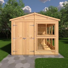 Front view of 8x10 Shire Sun Hut Potting Shed with timber double doors and glazed windows
