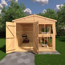 8x10 Shire Sun Hut Potting Shed with doors open showing spacious timber interior
