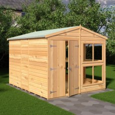 Side view of 8x10 Shire Sun Hut Potting Shed with timber door and glazed windows