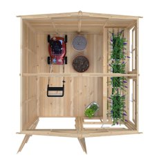 Interior view of 8x8 Shire Sun Hut Potting Shed with shelving, tools and plants
