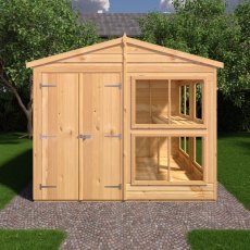 Front view of 8x8 Shire Sun Hut Potting Shed with timber door and glazed windows
