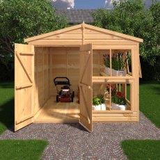 8x8 Shire Sun Hut Potting Shed with doors open showing spacious timber interior