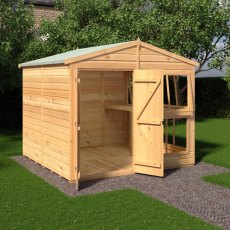 Side view of 8x8 Shire Sun Hut Potting Shed with open door and glazed windows