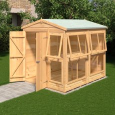 6 x 8 Shire Shiplap Apex Sun Hut Potting Shed - in situ, doors open