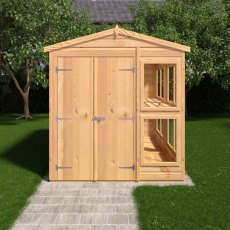 6 x 8 Shire Shiplap Apex Sun Hut Potting Shed - in situ, front view, doors closed