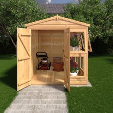 6 x 8 Shire Shiplap Apex Sun Hut Potting Shed - in situ, front view, doors open