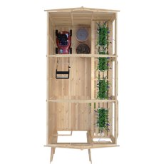 Interior view of 6x12 Shire Sun Hut Potting Shed with shelving, garden tools and plants