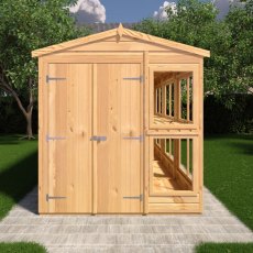 Front view of 6x12 Shire Sun Hut Potting Shed with timber double doors and glazed windows