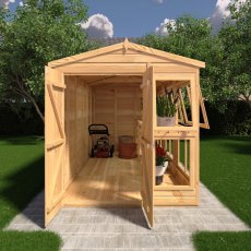 6x12 Shire Sun Hut Potting Shed with double doors open showing spacious timber interior