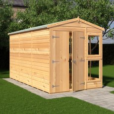 Side view of 6x12 Shire Sun Hut Potting Shed with timber door and glazed windows
