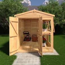 6 X 10 Shire Shiplap Apex Sun Hut Potting Shed - in situ, front view, doors open