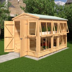 6 X 10 Shire Shiplap Apex Sun Hut Potting Shed - in situ, angle view, doors open