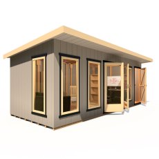 20 x 8 Shire Cali Insulated Garden Office With Side Storage - In Situ, Doors Open