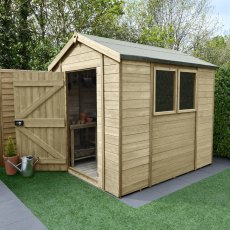 8x6 Forest Timberdale Tongue and Groove Apex Shed - in situ, angle view, doors open