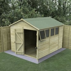 Forest Timberdale apex shed 10x8 with double doors open in garden