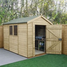 10 x 6 Forest Timberdale Tongue & Groove Apex Wooden Shed - Pressure Treated - in situ - angle view - doors open