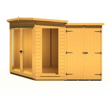 7x11 Shire Barclay Corner Summerhouse with Side Shed - isolated front view, doors closed - RHS shed