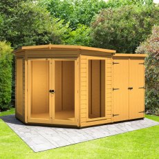 7x11 Shire Barclay Corner Summerhouse with Side Shed - lifestyle on concrete base