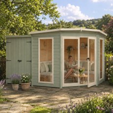 8 X 12 Shire Barclay Corner Summerhouse With Side Shed - in situ, angle view, doors open