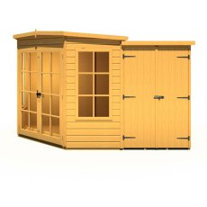 7x11 Shire Hampton Premium Corner Summerhouse with Side Shed - isolated front view, doors closed