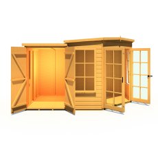 7x11 Shire Hampton Premium Corner Summerhouse with Side Shed - isolated front view, doors open, LHS shed