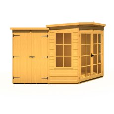 7x11 Shire Hampton Premium Corner Summerhouse with Side Shed - isolated front view, doors closed, LHS shed
