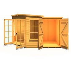 7x11 Shire Hampton Premium Corner Summerhouse with Side Shed - isolated front view, doors open