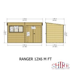12x6 Shire Ranger Premium Pent Shed With Double Doors - dimensions