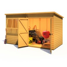 12x6 Shire Ranger Premium Pent Shed With Double Doors - in situ, angle view, doors open