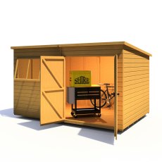 12x8 Shire Ranger Premium Pent Shed With Double Doors - in situ - angle view - doors open