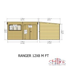 12x8 Shire Ranger Premium Pent Shed With Double Doors - dimensions