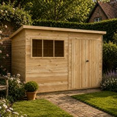 12 x 8 Shire Ranger Premium Pent Shed With Double Doors - in situ, angle view