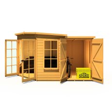 8x12 Shire Hampton Premium Corner Summerhouse with Side Shed - in situ, front view, doors open