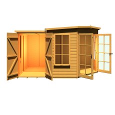 8x12 Shire Hampton Premium Corner Summerhouse with Side Shed - isolated front view, doors open, LHS Shed