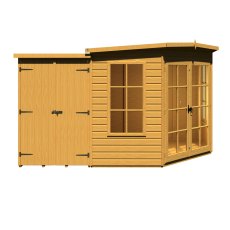 8x12 Shire Hampton Premium Corner Summerhouse with Side Shed - isolated front view, doors closed - LHS Shed