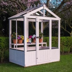 6x4 Shire Holkham Wooden Greenhouse - in situ, angle view