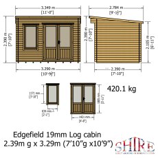 8x11G Shire Edgefield Pent Log Cabin in 19mm Logs - dimensions