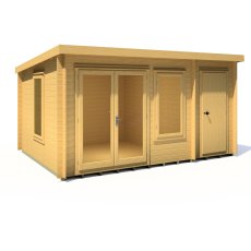 10Gx14 Shire Elm Log Cabin with Side Shed in 19mm Logs - isolated angle view, doors closed