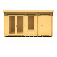 10Gx14 Shire Elm Log Cabin with Side Shed in 19mm Logs - isolated front view, doors closed